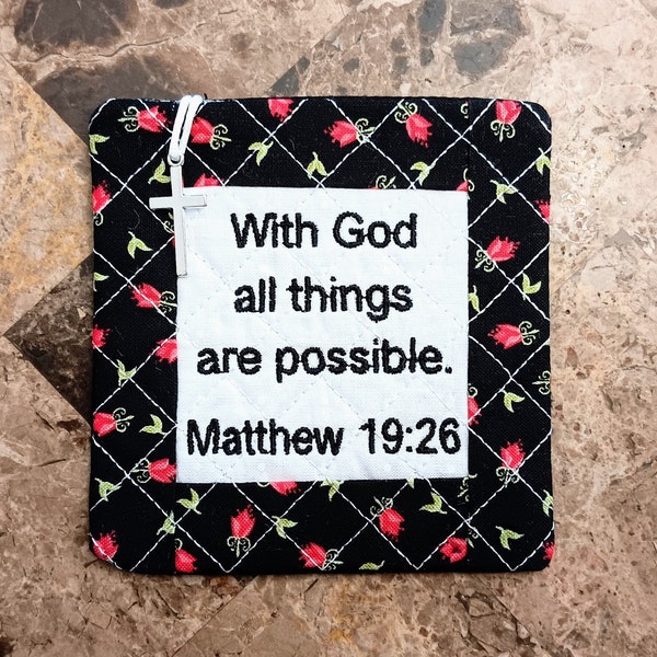 With God All Things Are Possible Pocket Prayer Quilt with Cross & Back Pocket for Prayer Cards Includes I'm A Pocket Prayer Quilt Poem Card