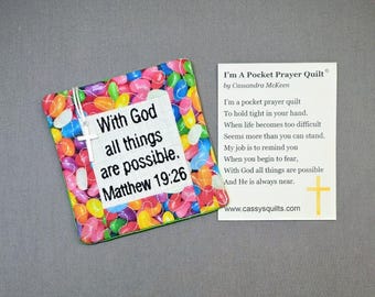 Easter Pocket Prayer Quilt with Cross - Matthew 19:26 Embroidered Scripture
