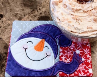 Cheerful Snowman Mug Rug - Ideal Gift for Coffee and Tea Lovers - Fabric Rectangle Coaster