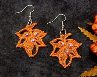 Leaf Earrings With Rhinestones - Embroidered Free Standing Lace