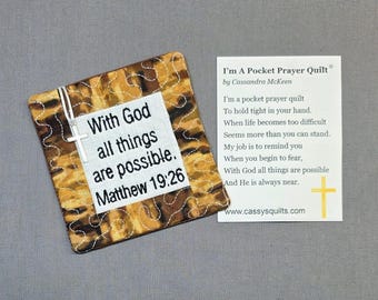 Pocket Prayer Quilt with Cross - Matthew 19:26 Embroidered Scripture