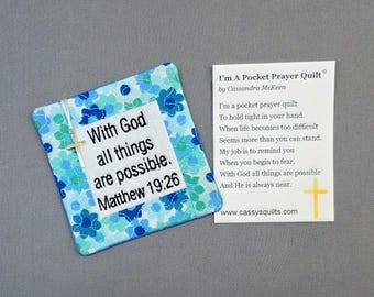 Pocket Prayer Quilt with Cross - Matthew 19:26 Embroidered Scripture