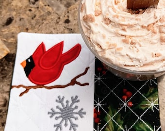 Cardinal Mug Rug: Christmas Rectangle Coaster - Gift for Coffee & Tea Lovers