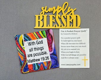 Pocket Prayer Quilt: Embroidered Scripture, Silver Cross Charm