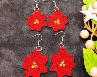 Poinsettia Earrings With Rhinestones - Embroidered Free Standing Lace