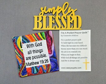 Pocket Prayer Quilt: Embroidered Scripture, Silver Cross Charm