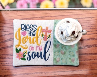 Christian Mug Rug Embroidered With "Bless The Lord Oh My Soul" - Quilted Coaster Gift