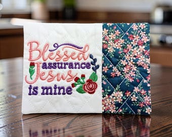Christian Mug Rug: "Blessed Assurance" Embroidered Hymn - Quilted Coaster Gift
