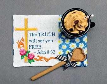 Christian Mug Rug - Cross Rectangle Coaster with Scripture John 8:32