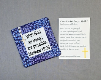Pocket Prayer Quilt: Embroidered Scripture, Silver Cross Charm - Glitter Fabric