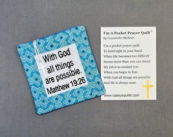 Pocket Prayer Quilt with Cross - Matthew 19:26 Embroidered Scripture
