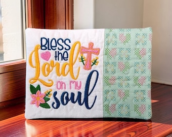 Christian Mug Rug - "Bless The Lord Oh My Soul" Psalm 103:3 Embroidered Scripture - Quilted Coaster Gift