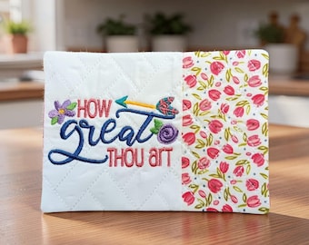 Christian Mug Rug: "How Great Thou Art" Embroidered Hymn - Quilted Coaster Gift