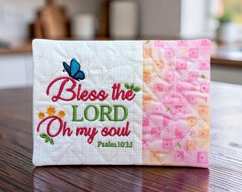 Christian Mug Rug - "Bless The Lord Oh My Soul" Psalm 103:1 Embroidered Scripture - Quilted Coaster Gift