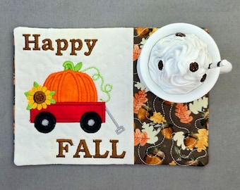 Happy Fall Mug Rug: Pumpkin Sunflower Wagon Coffee Coaster