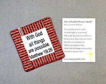 Pocket Prayer Quilt with Cross - Matthew 19:26 Embroidered Scripture - Metallic Accent Fabric