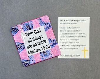 Pocket Prayer Quilt with Cross - Matthew 19:26 Embroidered Scripture - Glitter Fabric