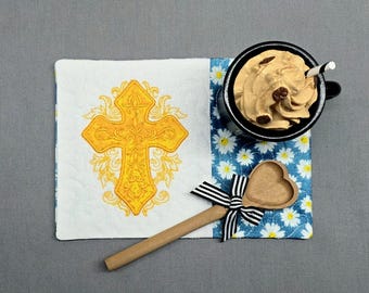 Christian Mug Rug: Cross Rectangle Coaster - Gift for Coffee Lovers