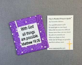 Pocket Prayer Quilt with Cross - Matthew 19:26 Embroidered Scripture