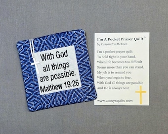 Pocket Prayer Quilt with Cross - Matthew 19:26 Embroidered Scripture
