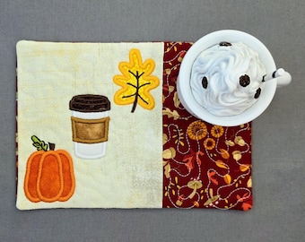 Fall Themed Mug Rug: Pumpkin Coffee Rectangle Coaster - Gift for Coffee & Tea Lovers