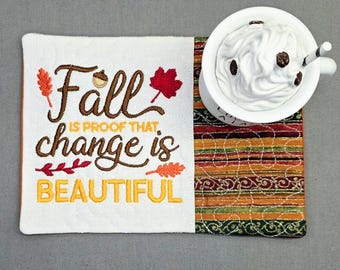 Fall Mug Rug: Embroidered Autumn Leaves Coaster - Gift for Tea Lovers