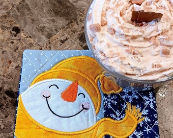 Cheerful Snowman Mug Rug - Ideal Gift for Coffee and Tea Lovers - Fabric Rectangle Coaster