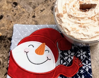 Cheerful Snowman Mug Rug - Ideal Gift for Coffee and Tea Lovers - Fabric Rectangle Coaster