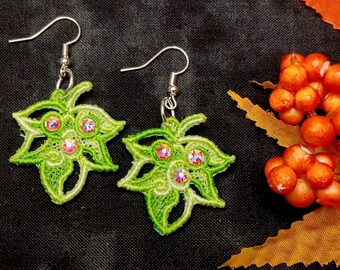 Maple Leaf Earrings - Rhinestones - Embroidered Free Standing Lace