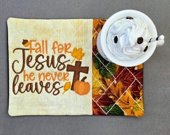 Fall Mug Rug: Embroidered Autumn Leaves Coffee Coaster