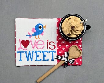 Valentine's Day Mug Rug: Love is Tweet Rectangle Coaster - Gift for Coffee Lovers