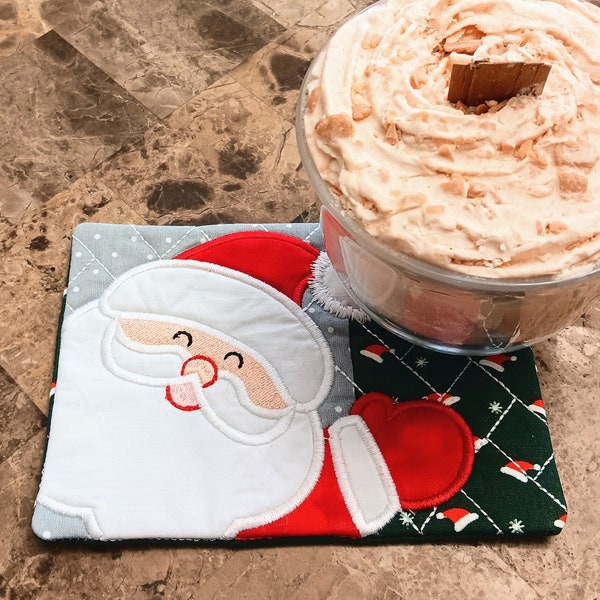 Santa Claus Mug Rug Christmas Rectangle Coaster Green Santa Hat Fabric Coffee Tea Lover Present Hostess Gift
