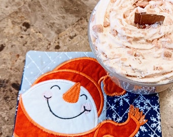 Cheerful Snowman Mug Rug - Ideal Gift for Coffee and Tea Lovers - Fabric Rectangle Coaster