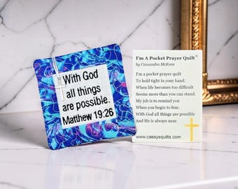 Pocket Prayer Quilt with Cross - Matthew 19:26 Embroidered Scripture