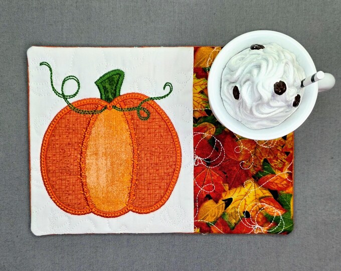 Featured listing image: Pumpkin Mug Rug: Fall Leaves Rectangle Coaster - Gift for Coffee Lovers