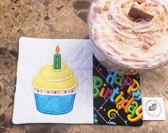 Happy Birthday Mug Rug With Embroidered Cupcake - Quilted Coaster Gift