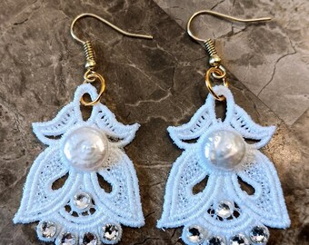 Angel or Tulip Earrings - Button Freshwater Pearls - Embroidered Free Standing Lace