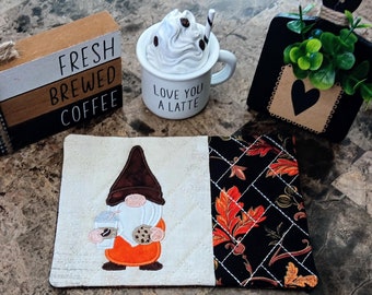 Fall Gnome Mug Rug - Ideal Gift for Coffee and Tea Lovers - Fabric Rectangle Coaster