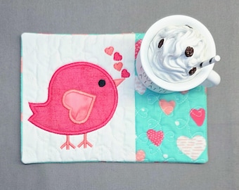 Sweet Singing Bird Mug Rug with Heart-Shaped Wings - Fabric Rectangle Coaster