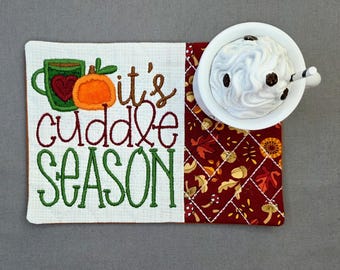 Fall Mug Rug: Embroidered Coffee Cup Coaster, Cuddle Season Gift