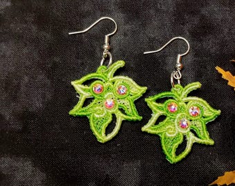 Maple Leaf Earrings - Rhinestones - Embroidered Free Standing Lace