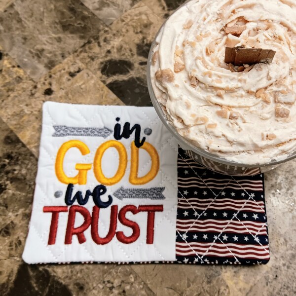 In God We Trust Mug Rug Patriotic Christian Rectangle Coaster 4th of July Military Veteran Coffee Tea Lover Present Hostess Gift