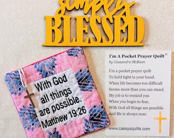 Pocket Prayer Quilt With Cross & Back Pocket - Embroidered With Scripture "With God All Things Are Possible" Matthew 19:26