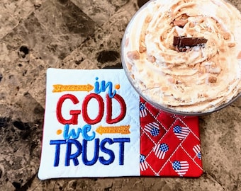 Patriotic Mug Rug - In God We Trust - Fabric Rectangle Coaster