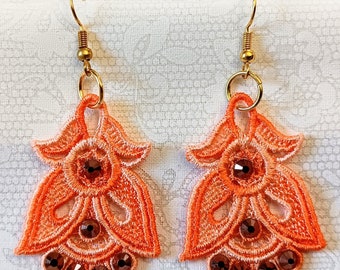 Angel or Tulip Earrings - Rhinestones - Embroidered Free Standing Lace
