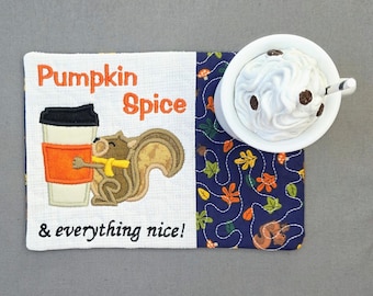 Pumpkin Spice Mug Rug: Fall Themed Rectangle Coaster - Gift for Coffee & Tea Lovers