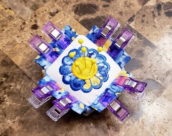 Mini Pin Cushion with Secure Clip Flanges - Embroidered Dresden Flower