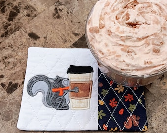 Fall Squirrel Mug Rug - Ideal Gift for Coffee and Tea Lovers - Fabric Rectangle Coaster