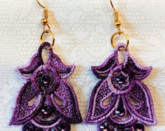 Angel or Tulip Earrings - Rhinestones - Embroidered Free Standing Lace