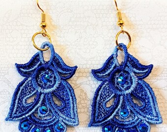 Angel or Tulip Earrings - Rhinestones - Embroidered Free Standing Lace